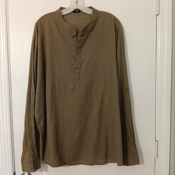 COOF ANDY Cotton & Hemp Long Roll up Sleeve Olive size XXL Men Henley Shirt - Picture 4 of 15